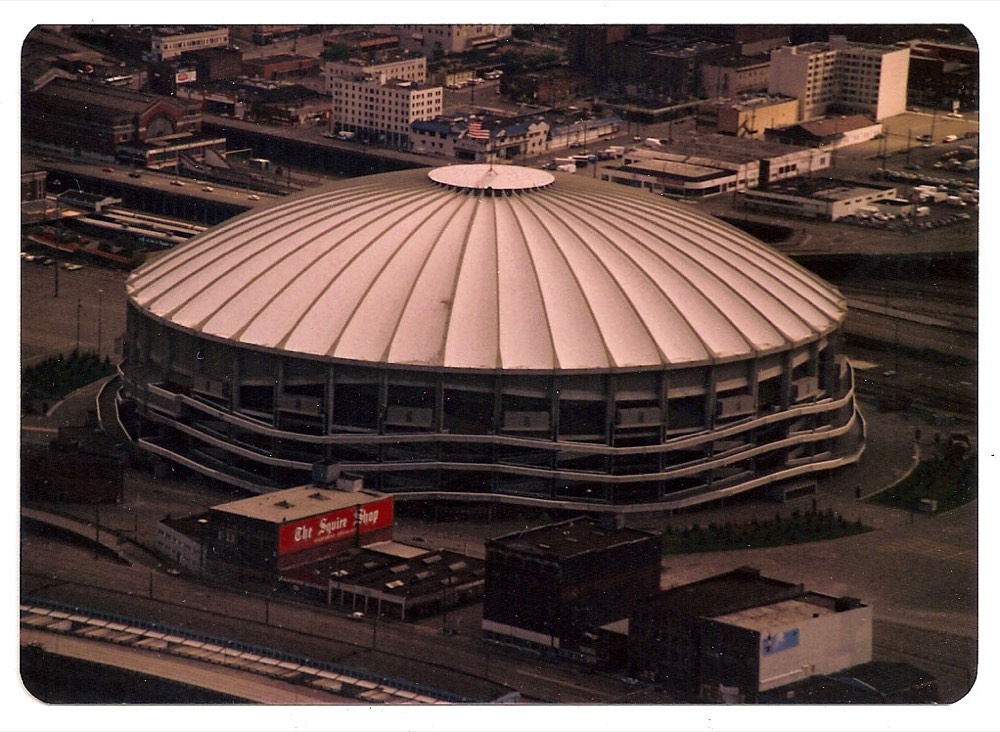 aerial photograph of the Kingdome stadium in Seattle