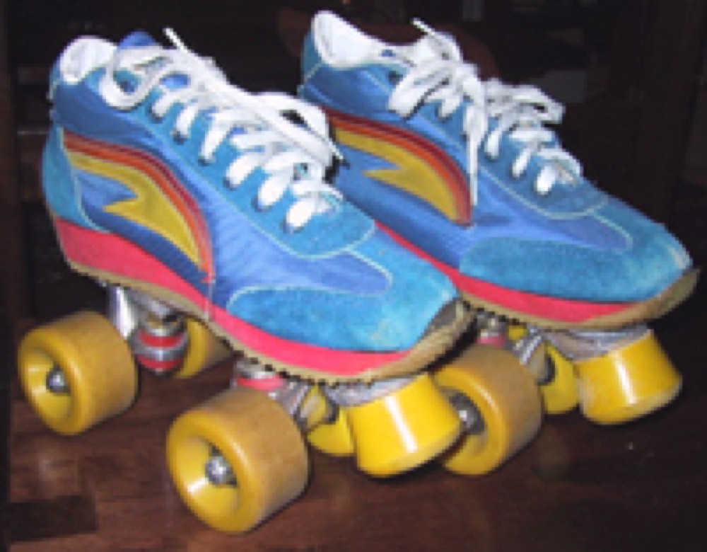 blue quad roller skates with yellow wheels