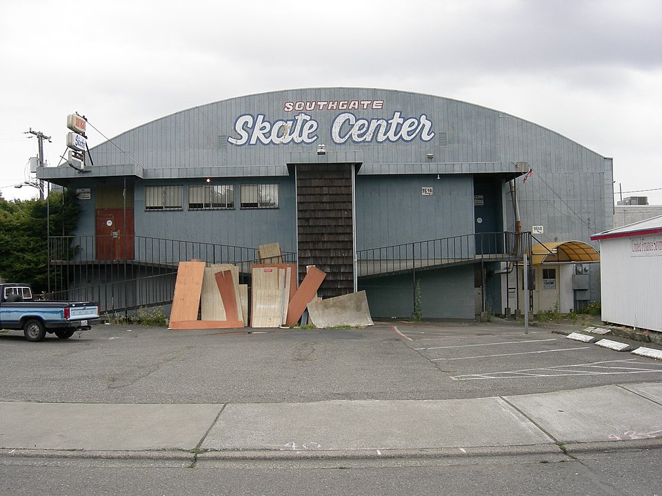 Southgate in its Skate Center days, the same barrel-roofed building with old script lettering and a pickup truck out front